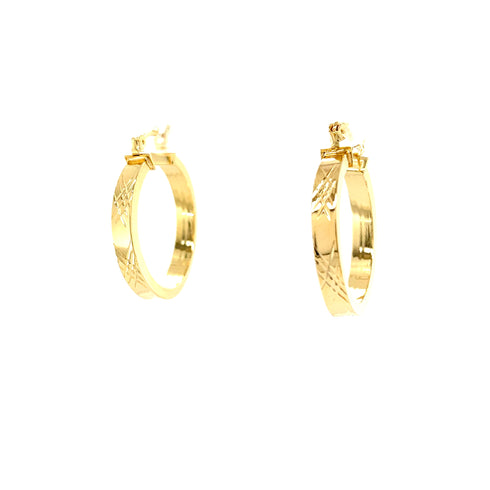 A pair of 14k gold-filled Hoops Earrings with a 1-inch round textured design, showcased against a white background.